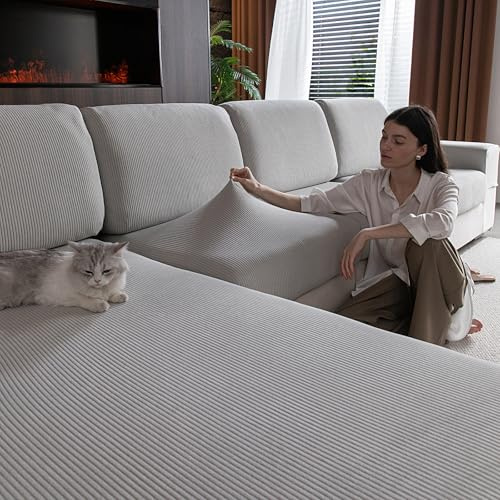 OHSIO Stretch Sofa Überzug - Rutschfester Sofa Sitzkissenbezug | Waschbarer Sofabezug, strapazierfähig & pflegeleicht – Möbelschutz(Hellgrau, 2x Sitzbezüge S)