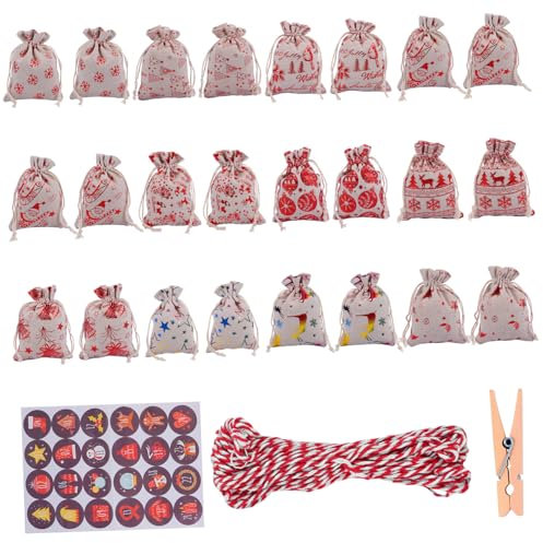 Cabilock 1 Satz Adventskalender Teilig Kordelzug Geschenktaschen für Weihnachten Countdown Candy Bag mit Aufklebern und Clips für Tür und Wanddekoration