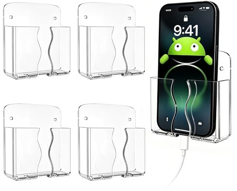 Jiayaus 4 Stück Handyhalterung Wand mit Ladeloch, Handy Wandhalterung | Transparente Kunststoffe Handyhalterung mit Klebstoff für Wände Schlafzimmer Toilette Badezimmer