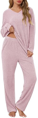 Lovasy Pyjamas for Women Ladies Ribbed 2 Piece Outfits Loungewear Sets Leisure Suits Soft Womens Pyjamas Set V Neck Long Sleeve Jumpers and Wide Leg Trousers with Pockets,Pink,L