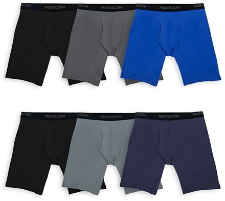 Fruit of the Loom Men's 4-Way Stretch Boxer Briefs | Lightweight & Moisture Wicking Underwear | Long, Regular Leg & Trunk, Long Leg - 6 Pack - Assorted Solids, Large