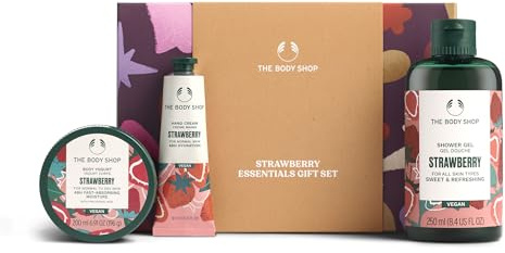 The Body Shop Strawberry Essentials Gift Set (Shower Gel 250ml + Body Yogurt 200ml + Hand Cream 30ml), Fruity Festive Trio with Juicy Strawberry Extract, Refreshing & Hydrating Skin Care, Vegan