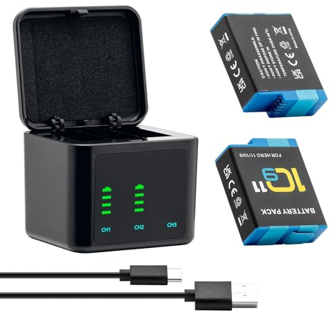Hero 12 11 10 9 Battery (2000 mAh 2-Pack) Rechargeable Hero 11 Battery and 3 Channel USB LCD Battery Chargers Fully Compatible with Gopro Hero 12 Hero 11, Hero10, Hero 9 (2xBatteries +1x)