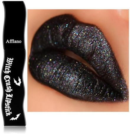 Goth Lippenstift Schwarzer, Iridescent Multichrom Glitzer Schwarzer Lipgloss, Hochpigmentiert Langanhaltende Holographische Lip Mud, Gothic Black Lipstick für Alltag Karneval Halloween Smoky Makeup#11