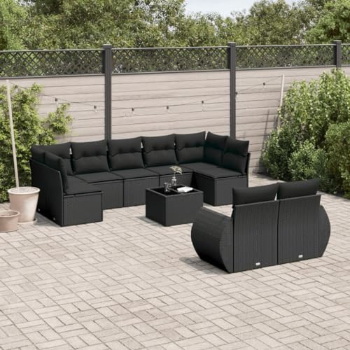Holamys 10-TLG. Garten-Sofagarnitur Schwarz aus Poly Rattan, Modulares Outdoor Möbel Set mit Stauraum, Glas-Tisch, UV-beständig für Terrasse, Balkon