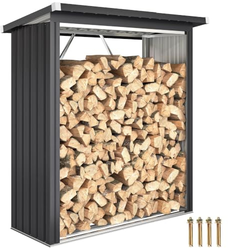 Outsunny Portalegna da Esterno Base Rialzata 150x66.5x150 cm Grigio Scuro | Legnaia da Esterno in Acciaio Zincato, Capanno Casetta Porta Legna, Tetto Inclinato, Montaggio Veloce, 0.77 m²