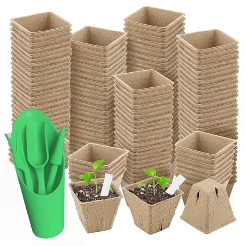 150 Piezas Cuadradas Macetas de 6 cm, Macetas Biodegradables con Agujeros de Drenaje, Ecológico y biodegradable para germinador de semillas, con 100 Etiquetas Plásticas y 2 Herramientas de Jardín(6cm)