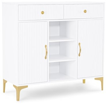 BarberPub Buffet 2 tiroirs, Armoire Salle de Bain 3 niches & 2 étagères réglables, Meuble Cuisine, Commode Blanche, Meuble d'appoint Salon Ongles, 40x100x95cm, 6647