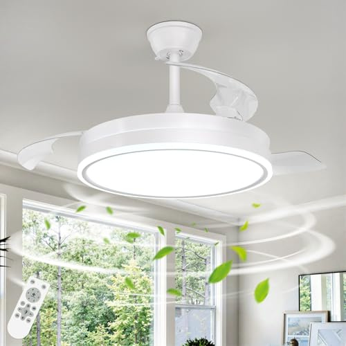 Ceiling Fan Light Retractable, Quiet Ceiling Fans with Lights and Remote, 3960Lm 3000K-6500K Dimmable, Metal Base,Solid Copper Motor with High Airflow,Memory Function,for Living room,CE-RoHS Certified