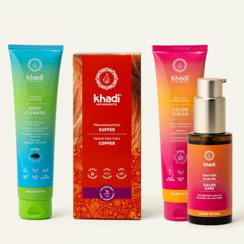 khadi ColorCycle COBRE Kit completo - Tinte vegetal para el cabello + DEEP CLEANSE Champú clarificante ayurvédico + COLOR FINISH Acondicionador para después del tinte + Aceite capilar COLOR CARE
