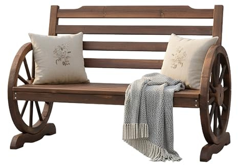Relaxdays Gartenbank Wagenrad, rustikales Design, HBT: 77x112x52 cm, 2 Sitzer, Holzbank mit Lehne, Outdoorbank, braun