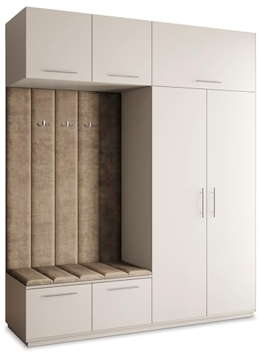 Masseno Flugarderoben Set Rema, Kleiderschrank-Set mit Sitzbank, Garderobenschrank Flur mit 5 Regalböden, Kaschmir
