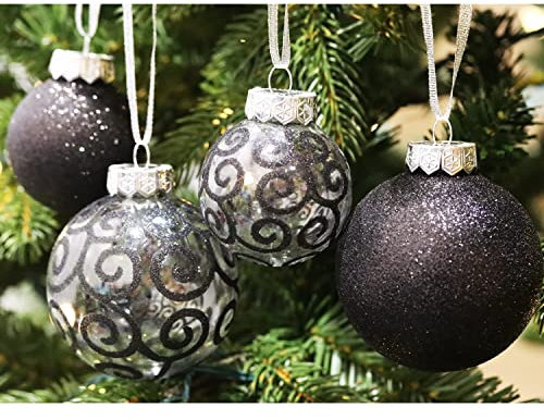 SLEETLY 32pk Christmas Baubles for Tree Holiday Xmas Decorations, Shatterproof Plastic Inch Glitter Bauble Ornaments, Icicles and Snowflakes Set, Black (DEFECTIVE UNITS)