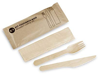 ALPHAFORM - Kit de 500 Couverts en Bois Avec Serviette, Fourchette et Couteau, Résistant et Recyclable, Idéal Pour Tous Types D'Aliments, Température 0°C À +80°C, Taille Standard, Couleur Naturelle