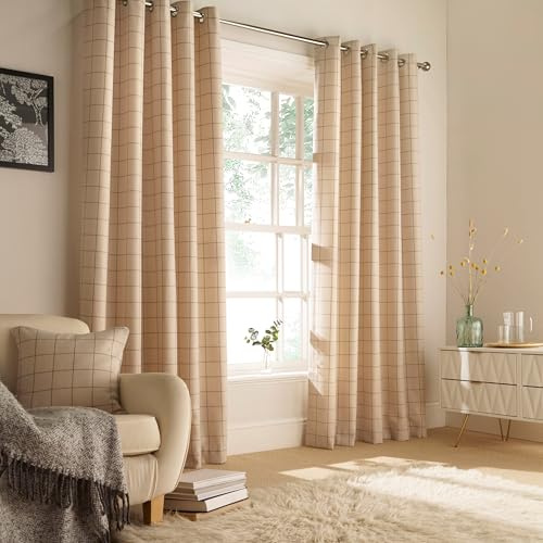 furn. Ellis Check Eyelet Curtains (Natural - 229 x 137cm) | Windowpane check on a soft wool-look weave with full lining for a cosy, relaxed finish with modern country appeal