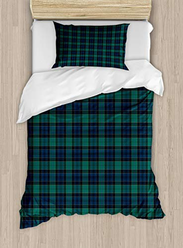 ABAKUHAUS Schottenkaro Bettbezugs Set für Einzelbetten, Scottish Folklore-Muster, Milbensicher Allergiker geeignet mit Kissenbezug, 130 x 200 cm, Dunkelgrün Schwarz