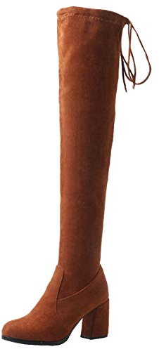 LUXMAX Stivali Donna sopra al Ginocchio Tacco Alto Blocco Scarpe Tacchi Alti Overknee Boots (Marrone) - 44 EU