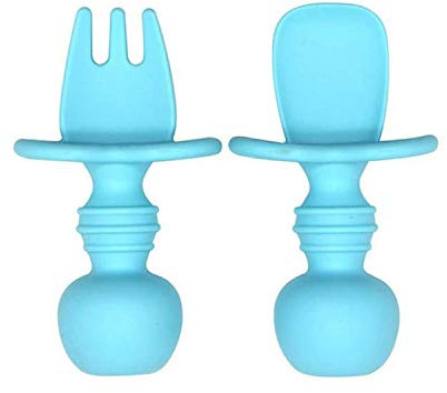 Baby Esslernbesteck | Baby Beißspielzeug - Set aus Baby Löffel und Baby Gabel (WEICH), BPA frei, ohne Melamin, mit Verschluckschutz & ergonomischer Griff, Spülmaschinen geeignet (blau)