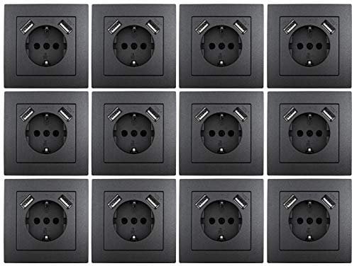 MC POWER - 12er Pack Steckdosen mit 2x USB + Rahmen | FLAIR | USB Steckdosen Set mit 1-fach Rahmen in anthrazit, matt