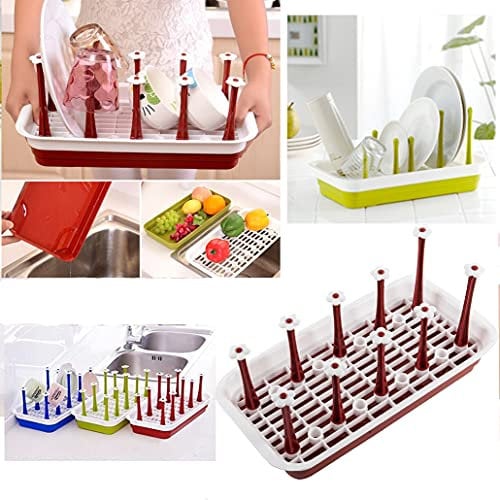 HK Online Rectangle DISH DRAINER -Counter Top Dish Rack, MUG & BOTTLE Holder, Drip Tray, Vegetable Rack (RED Rectangle Drainer & Timer)