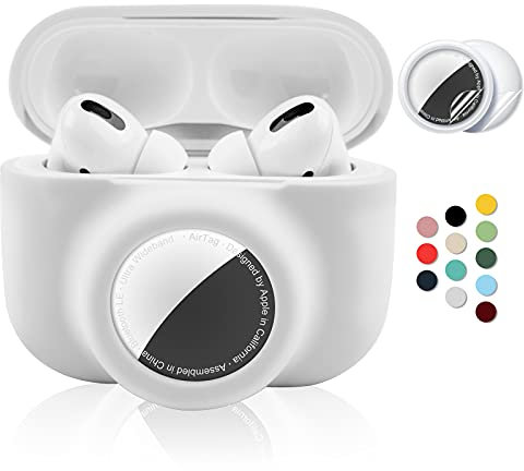2 in 1 Protective Case for Apple AirPods Pro Air Tag Holder Combo Set, Soft Silicone Airpods Pro AirTag Case with 2 PCS Screen Protector, Anti-Scratch Anti-Fall Anti-Lost Shockproof Durable(White)