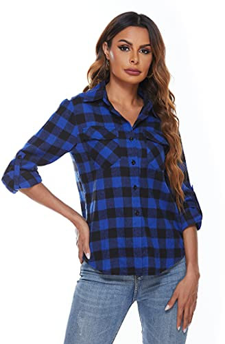 Ietaoo Chemisiers Femme Chemise à Carreaux Coton Manches Longues Flanelle Chemise Blouse Classique Décontractée Shirt pour Automne Hiver Printemps Bleu M