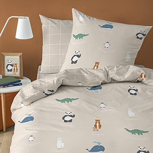 MATT & ROSE Parure de Lit Garçon 140x200 cm Animaux du Monde | 100% Coton | Oeko-TEX | Housse de Couette Enfant 140x200 cm + 1 Taie d'oreiller 63x63 cm Imprimées Réversibles | Beige