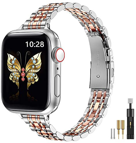 MioHHR Slim Straps Compatible with Apple Watch Strap 42mm(Series 3/2/1) 44mm 45mm 46mm 49mm,Thin Stainless Steel Metal Band for Women iWatch Straps Ultra 2 1 Series 10 9 8 7 6 5 4 SE,Silver/Rose Gold
