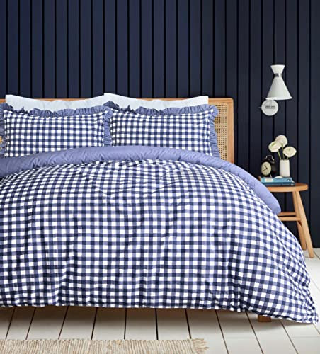 Sleepdown Parure de lit avec Housse de Couette et taies d'oreiller à Volants - Motif Vichy - Bleu uni - Super King Size (260 x 220 cm)