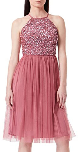 Maya Deluxe Women's Ladies Midi Dress with Halter Neck Tulle for Evening Graduation Prom Wedding Bridesmaids Ball Gown, Desert Rose, 22