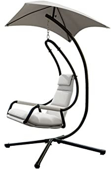 Mirjan24 Hängesessel mit Sonnenschirm Bonir, Sonnenliege, Outdoor Hängestuhl, Hängesitz, Hängekorb, Stahlskelett (Grau + Hellgrau)