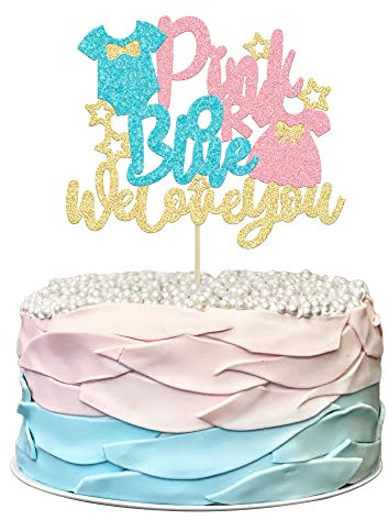 1Pc Pink or Blue Cake Topper with Glitter Onesie Dress We Love You Cake Pick Gender Reveal Cake Decorations for Baby Shower Gender Reveal Theme Kids Boys Girls Birthday Party Decoration Supplies