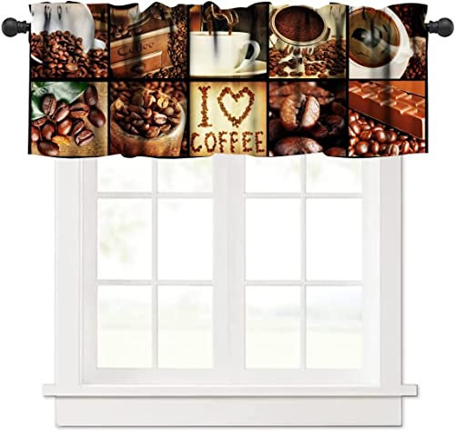 Kaffee-Volant, Kaffee-Konzept-Collage, I Love Coffee-Thema, geröstete Bohnen und Tassen, aromatische Getränke, Fenster, Vorhang für Küche, Esszimmer, Café, Geschäft, Kantinen, Dekoration, ein