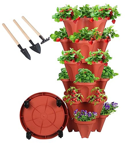 Jardinière verticale empilable à 6 niveaux pour fraises, herbes, fleurs et légumes, pots de jardinage d'intérieur et d'extérieur avec roues amovibles et outils