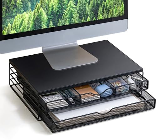 ARCOBIS Wood Monitor Riser with Drawers, Mesh Metal Computer Monitor Stand Riser with Storage for Desk, Max Load Capacity 40LB, 2 Drawers, Black