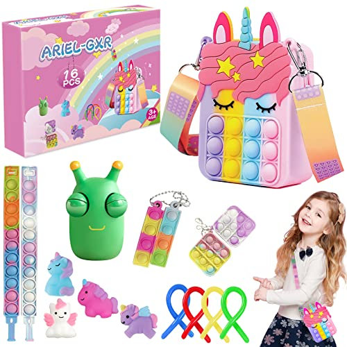 Einhorn Geschenke für Mädchen, 16 Stück Fidget Toys für Kinder, Einhorn Tasche Spielzeug ab 3 4 5 6 7 Jahre, Anti Stress Squishy Spielzeug, Stressabbau Squeeze Toy, Geschenk Mädchen 2 - 10 Jahre