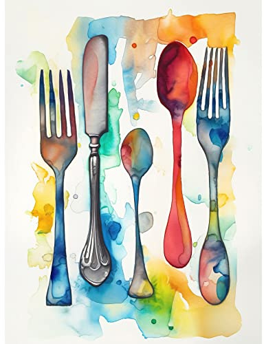 Artery8 Cutlery Forks Spoons And Knife Watercolour Painting Unframed Wall Art Print Poster Home Decor Premium