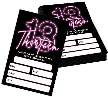 Utaqer Einladungskarten zum 13. Geburtstag, 10.2x15.2 cm, mit Umschlägen, Set von 20 Stück, Pink,Neon, Partyzubehör für Jungen, Kinder oder Jugendliche, Happy Birthday Celebration Einladung-b005
