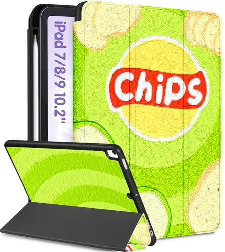 Uppuppy Schutzhülle für iPad der 9., 8. und 7. Generation mit 10,2 Zoll A2602 A2270 A2197, niedliche Folien-Smart-Hülle mit Stifthalter, cooles Cartoon-Lebensmittel-Design, für Mädchen, Jungen, Männer