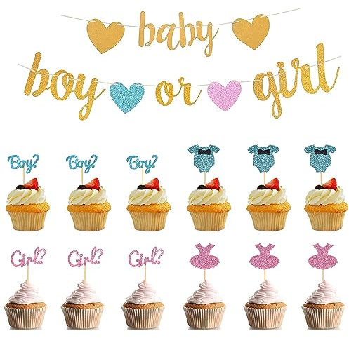 Taicols 14 Stück Baby Party Dekoration Kuchen, Baby Shower Deko Cupcake Topper, Gender Reveal Party Deko Wimpelkette, für Geburtstag, Hochzeit, Taufe, Babyparty, Kinderparty Zubehör