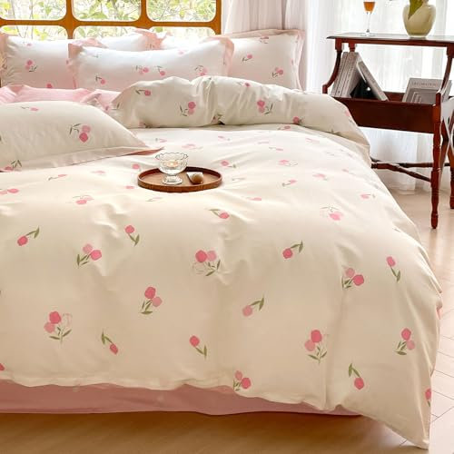 KEAYOO Blumen Bettwäsche mit Reißverschluss - 80x80 Kissenbezug - Baumwolle Bettwäsche für Sommer bis Winter Rosa Blumen (135x200cm, Geblümt E)