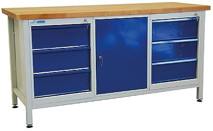 PROREGAL Werkbank Giant Rhino mit 6 Schubladen + 1 Tür | HxBxT 84x170x60cm | Traglast 500kg | Lichtgrau/Lichtblau | Werkstatttisch Werktisch Packtisch Arbeitstisch