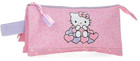 Hello Kitty Hearts & Dots, astuccio scolastico, a tracolla, realizzato in poliestere, Rosa, Astuccio triplo