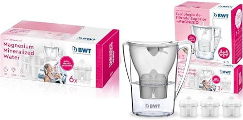 BWT - Pack 6 Filtros con magnesio - 6 Meses de uso - Potencia el sabor, reduce la cal, el cloro y las impurezas del agua & Jarra filtradora de agua 2,6L + 3 Filtros con magnesio