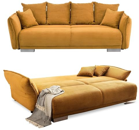 Big Sofa 242x131 cm mit Schlaffunktion, Stauraum, Armlehnenverstellung, Lounge Couch mit Federkern und Wellenunterfederung, Liegefläche 168x199 cm, Bezug Cord in Gold Ockergelb / 17213