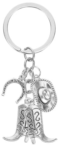 Theaque Portachiavi a ferro di cavallo con cappello occidentale a forma di stivali, portachiavi decorativo con ciondolo, Argento, 8.00X3.00X0.50CM