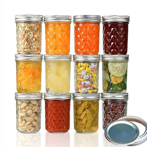 YBCPACK Mason Jars - Tarros de cristal con tapa (12 unidades, 250 ml, con tapa de rosca, pequeños frascos de mermelada con etiquetas y bolígrafo, para mermelada, yogur, miel y preparación de harina)