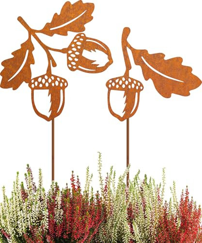 JYUECIAN Eichel Rost Gartenstecker Herbstdeko Outdoor Gartendeko Winterdeko für Draußen, Gesamthöhe 45 cm