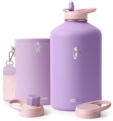 Coolflask Botella de agua termo aislada con funda de PU, botella de agua de 3,79 litros, color contrastante con tapas con pajita, gran jarra de agua de acero inoxidable, mantiene el