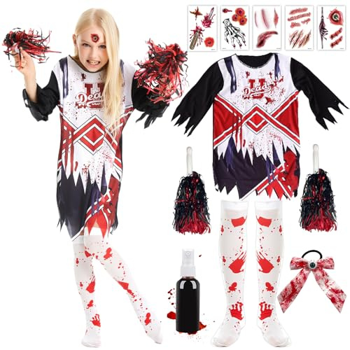 Meanju Deguisement Zombie Fille, Costume Cheerleader Halloween Enfants avec Pompoms Faux Sang pour Carnaval Mascarade Cosplay (Taille L)